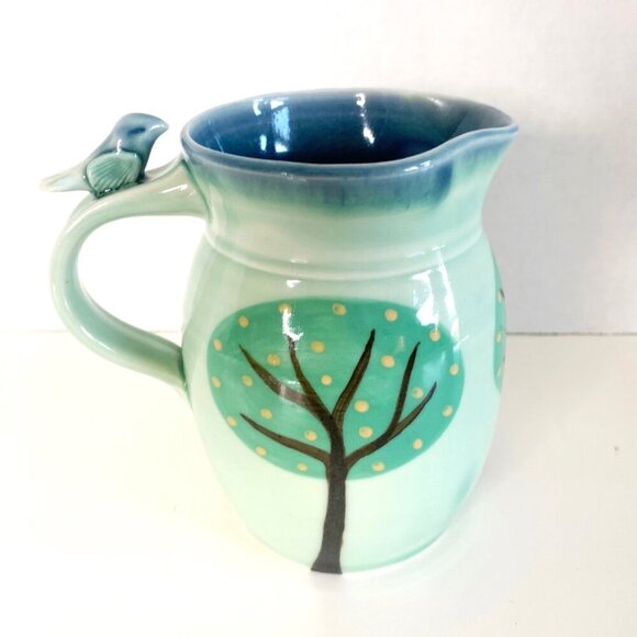 Studio Art Pottery Pitcher Hand Painted Tree with Bird on Handle Celadon Color - Picture 4 of 10
